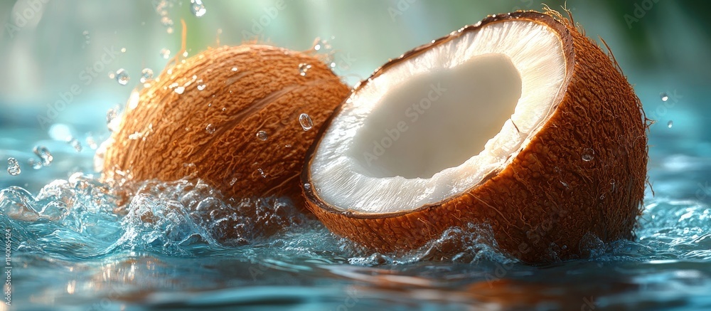 Poster fresh coconut halves splashing in clear water with natural background reflections and bright tropica