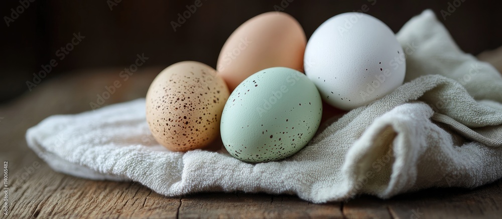 Poster colorful easter eggs and natural chicken eggs arranged on a rustic wooden surface with a soft towel 