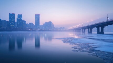 Naklejka premium Calm winter cityscape at dawn, river reflects city skyline and bridge.