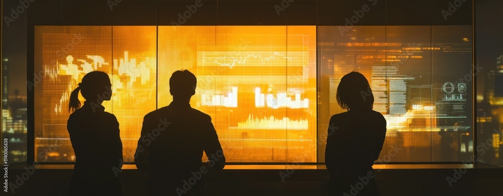 Poster silhouettes of three professionals observing data visuals in a modern office environment.