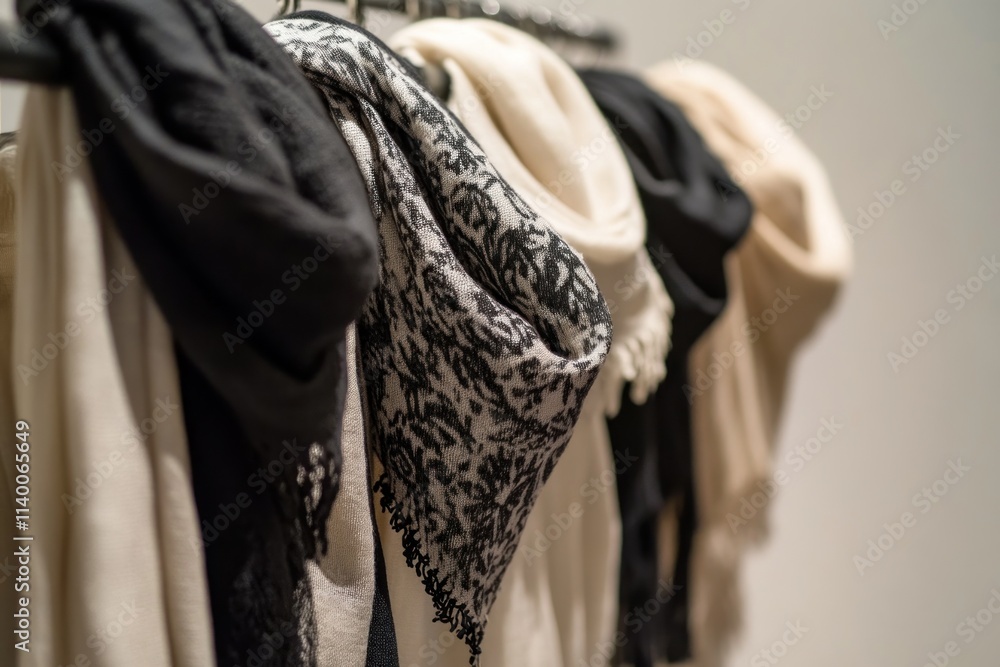 Poster a display of elegantly arranged scarves in neutral colors, showcasing fabric textures and patterns.