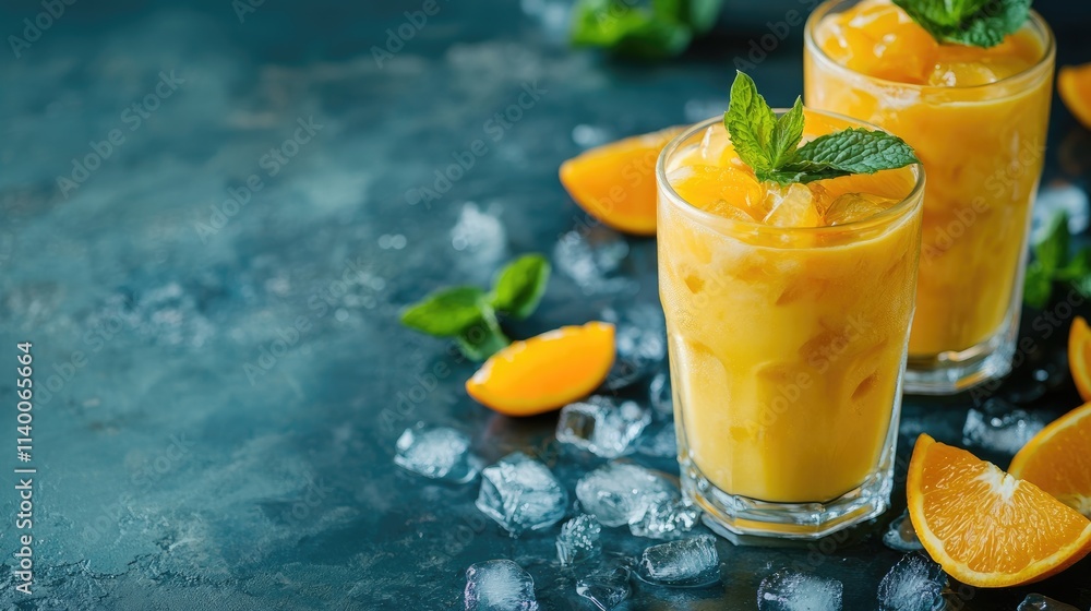 Poster Refreshing creamy orange iced coffee with mint garnish on a dark background with ice and orange slices space for text and branding