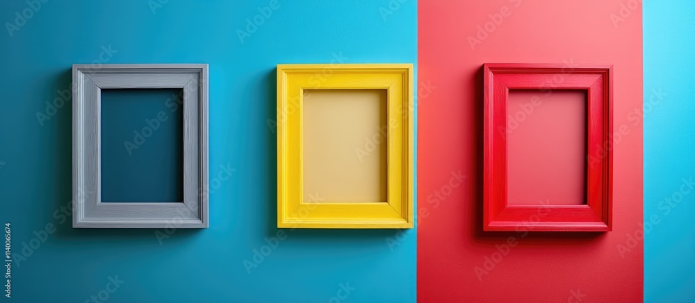 Poster colorful empty frames displayed on contrasting blue and red backgrounds for showcasing images or tex