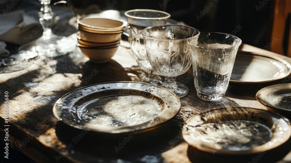 Poster used glassware and tableware on a rustic table creating a warm domestic atmosphere with natural ligh