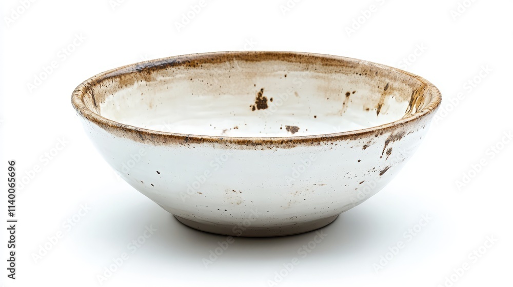 Poster worn and stained ceramic bowl isolated on pure white background highlighting texture and rustic appe
