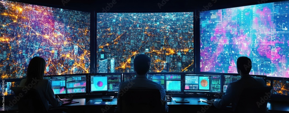 Poster Control room with monitors displaying a vibrant cityscape and data visualizations.