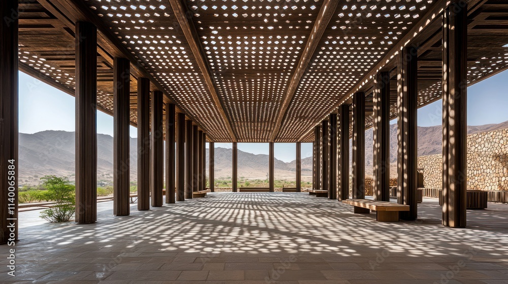 Poster a spacious architectural structure with wooden beams creating light patterns and mountain views.