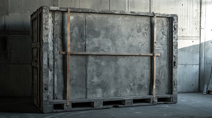 Concrete wall forming crate in industrial setting for construction and building projects with emphasis on durability and design.