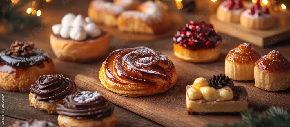 Poster Holiday pastry display featuring an array of festive desserts on a rustic wooden table with warm lights in the background