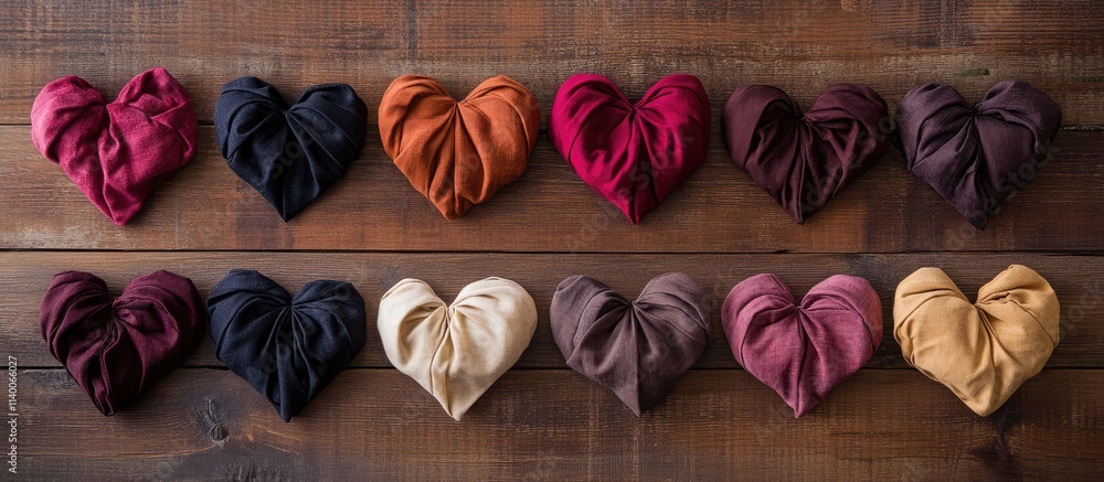 Poster colorful fabric hearts arranged on a wooden table creating a love-themed backdrop for creative and r