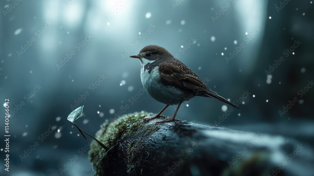 Aufkleber Serene winter scene featuring a small bird perched on a mossy log in a snowy forest setting with soft bokeh background effects.