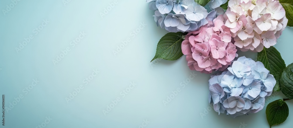Aufkleber Elegant hydrangea flowers arrangement in pastel colors on a soft blue background with ample space for text and design elements