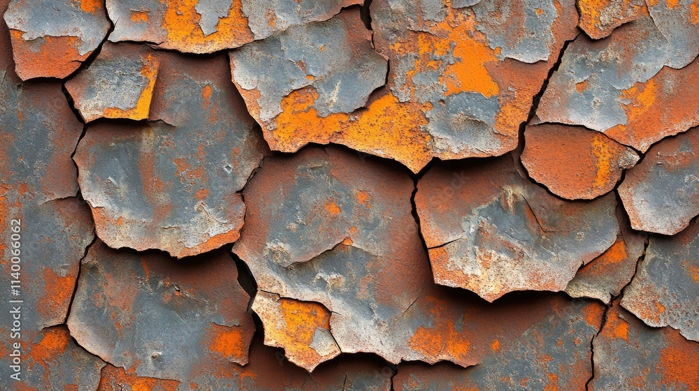 Aufkleber Textured distressed metal surface with flaking paint and rust creating an industrial grunge background for design or conceptual projects.
