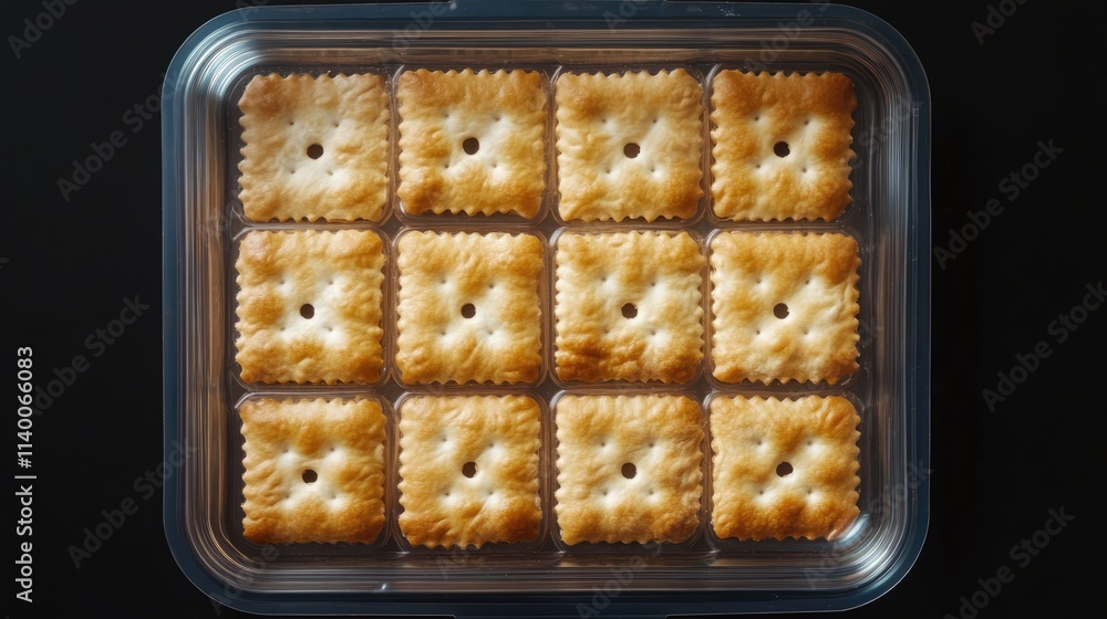 Poster assorted crackers arranged neatly in a plastic storage box on a dark background top view