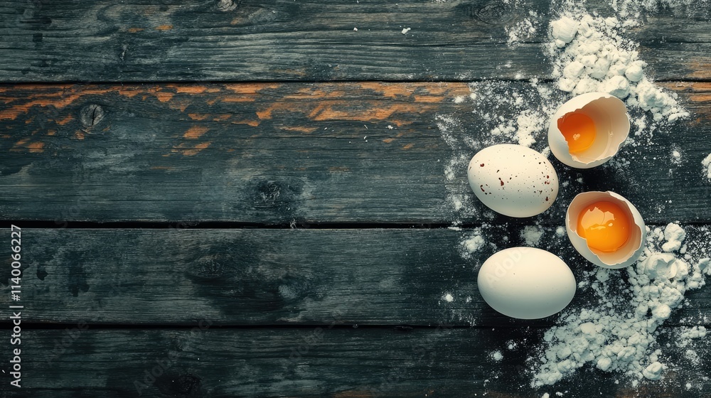 Poster cracked eggs with yolks on a rustic wooden background surrounded by flour and shells in a kitchen se