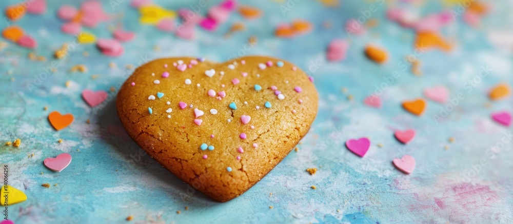 Poster heart shaped cookie adorned with sprinkles on vibrant backdrop suitable for celebrations and festive