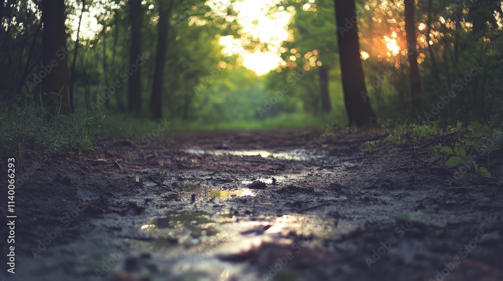 Poster Serene forest path with muddy ground and sunlight filtering through trees creating a tranquil natural background scene
