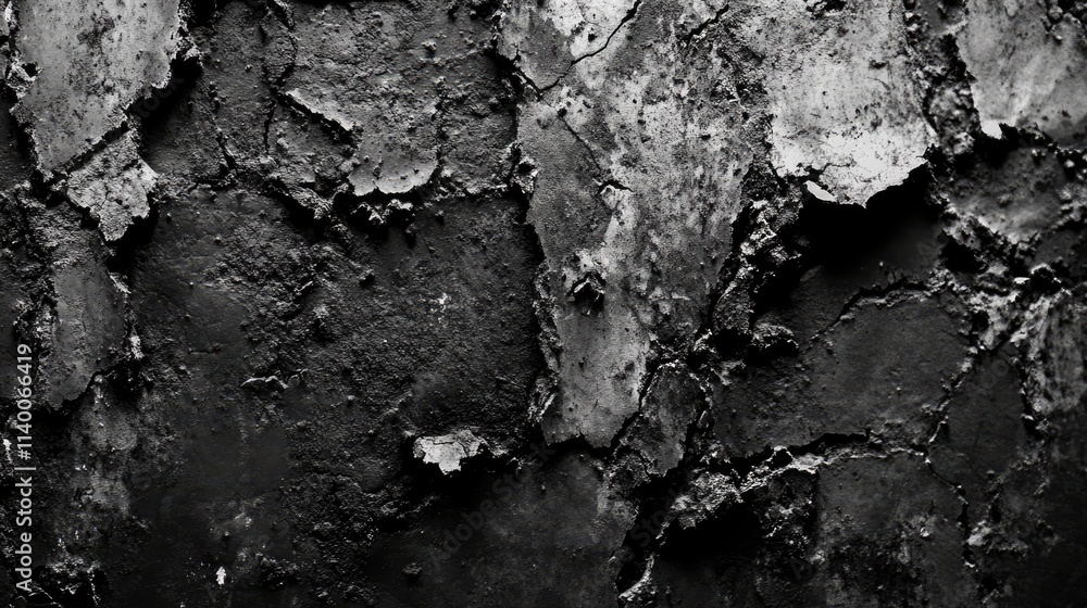 Poster worn black and white textured surface with peeling paint and grunge aesthetics for background or des