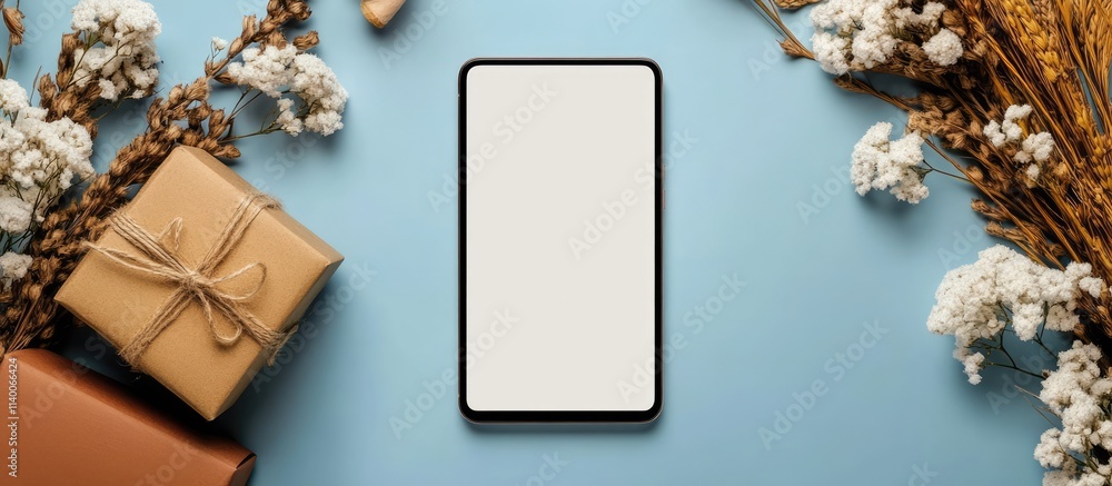 Poster digital phone mockup on a blue background with rustic decor and clear space for app design showcasin