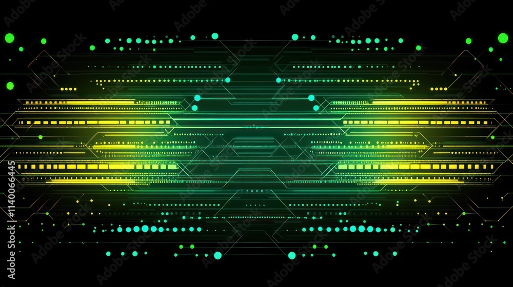 Poster abstract digital background with neon lines and dots, ideal for tech-themed designs.