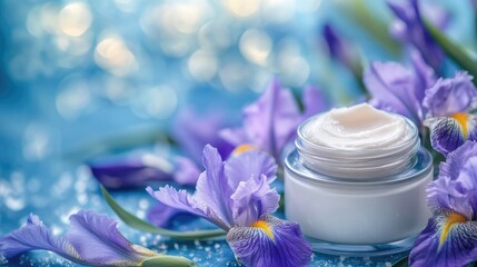 Iris flowers surrounding a skincare cream in a soft blue setting highlighting beauty and wellness concepts for cosmetics and skincare marketing.
