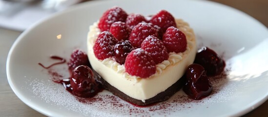 Heart-shaped dessert with fresh raspberries and cherry sauce served on a white plate, perfect for romantic occasions and special celebrations.