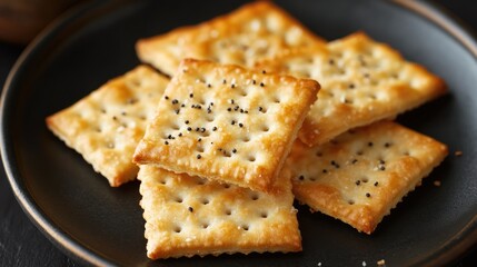 Savory crackers arranged on a black plate ideal for snacking or serving as a side dish in culinary presentations