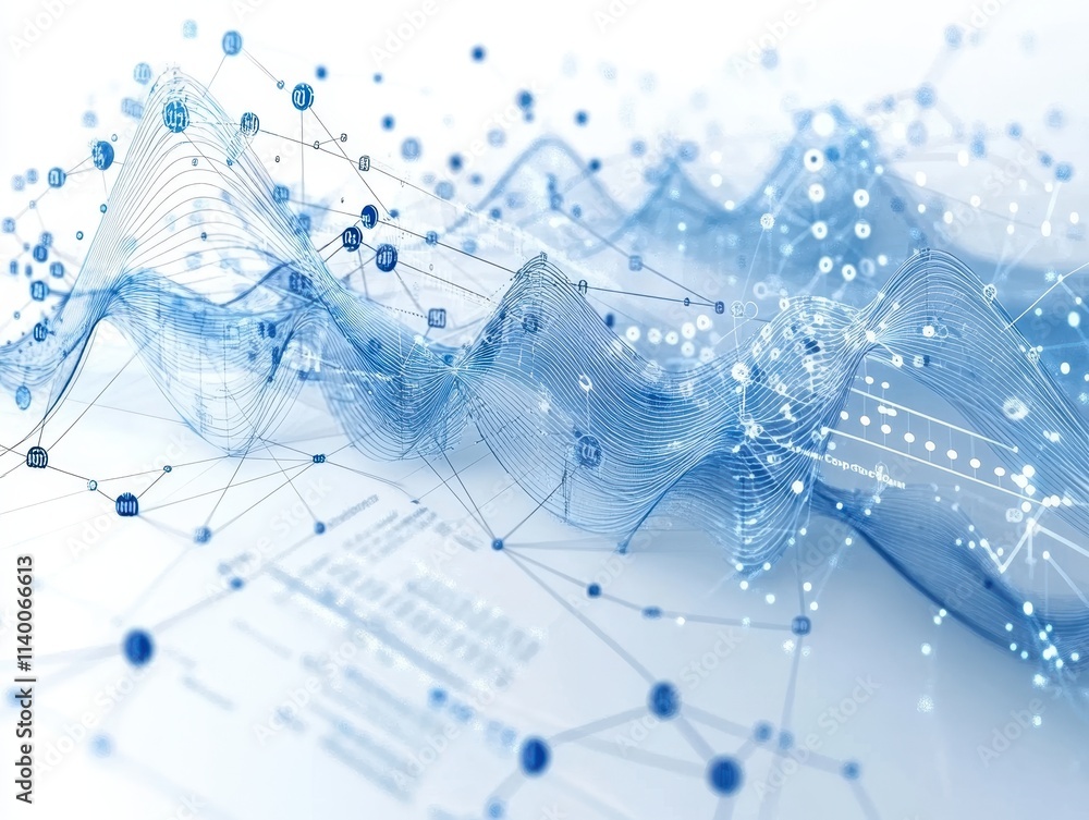 Poster abstract visualization of data waves and connections in blue tones.