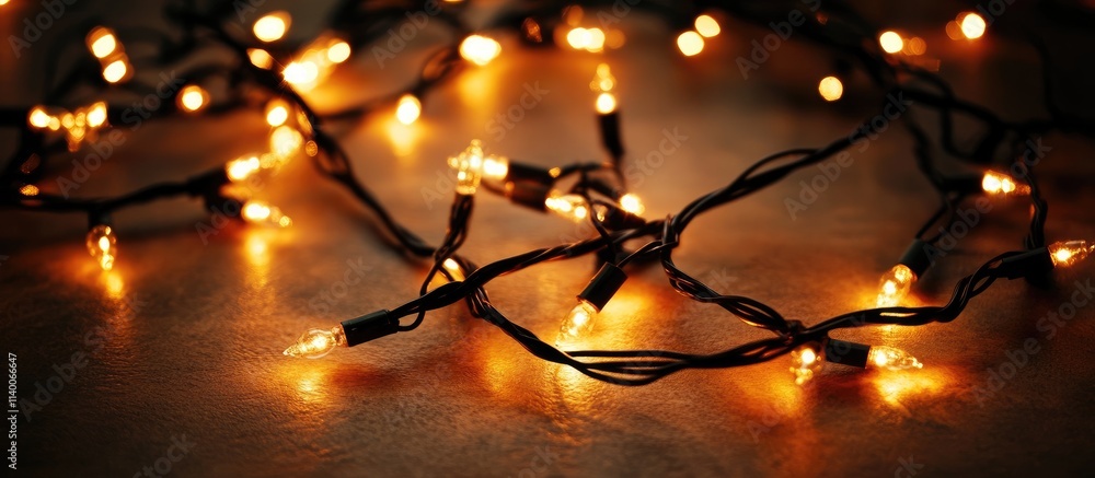 Poster warmly illuminated christmas lights creating a festive atmosphere on a dark wooden surface during th