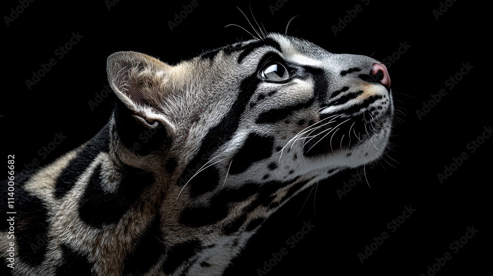 Poster a close-up of an ocelot gazing upward against a dark background.