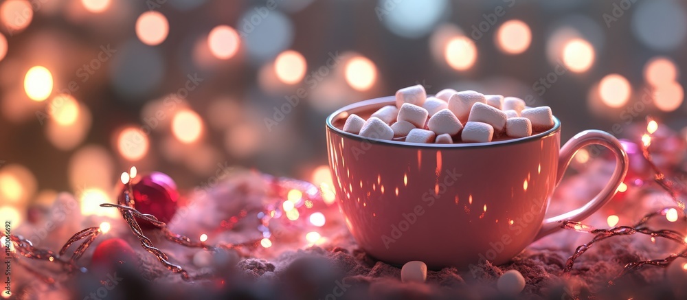 Poster cozy cup of hot cocoa topped with marshmallows in a festive setting adorned with twinkling lights an