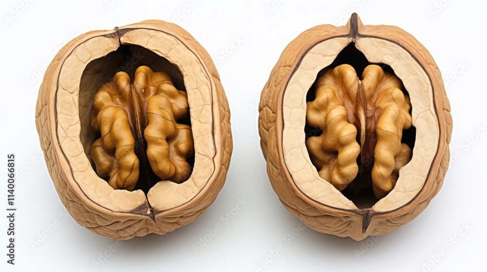 Poster Walnuts showcased in split shells on a clean white background highlighting their natural texture and color.