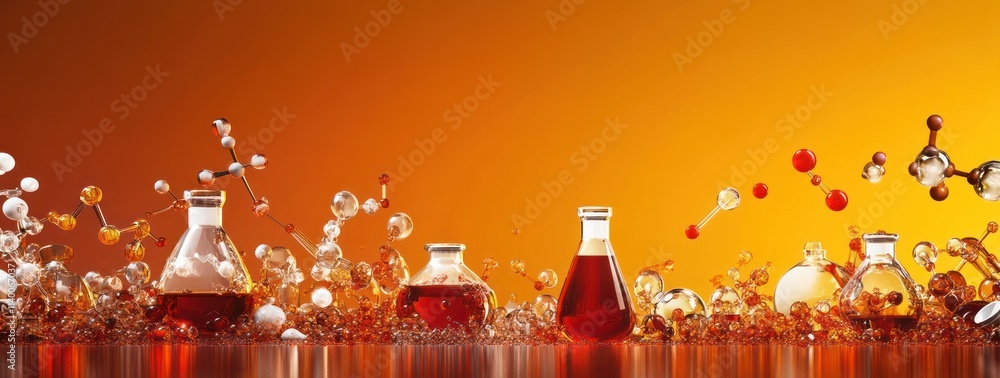Poster a vibrant display of laboratory glassware with colorful liquids, symbolizing scientific experimentat