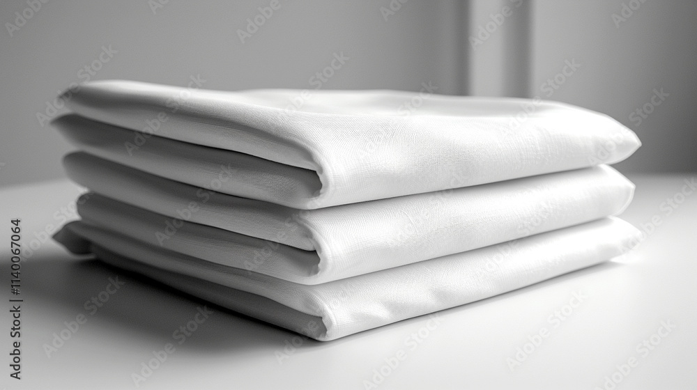 Poster soft white linens neatly stacked on a minimalistic table setting in bright light