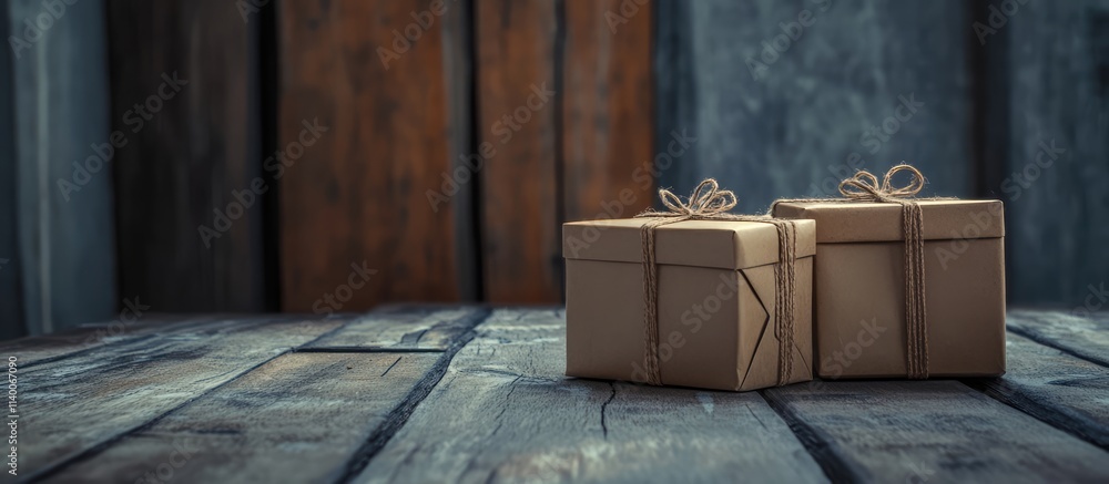 Poster christmas gifts wrapped in brown paper placed on a rustic wooden surface creating a warm holiday atm