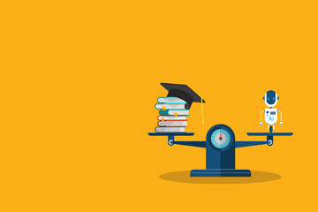 Graduation cap, books and AI robot on a scales, comparing the university degree and AI technology. Learning concept