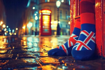A pair of socks with the British flag on them are sitting on a wet cobblestone s