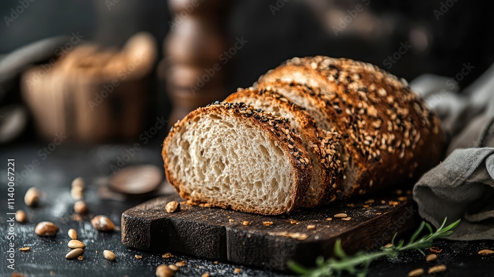 Poster sliced seed topped white bread on a rustic cutting board with blurred background elements for culina