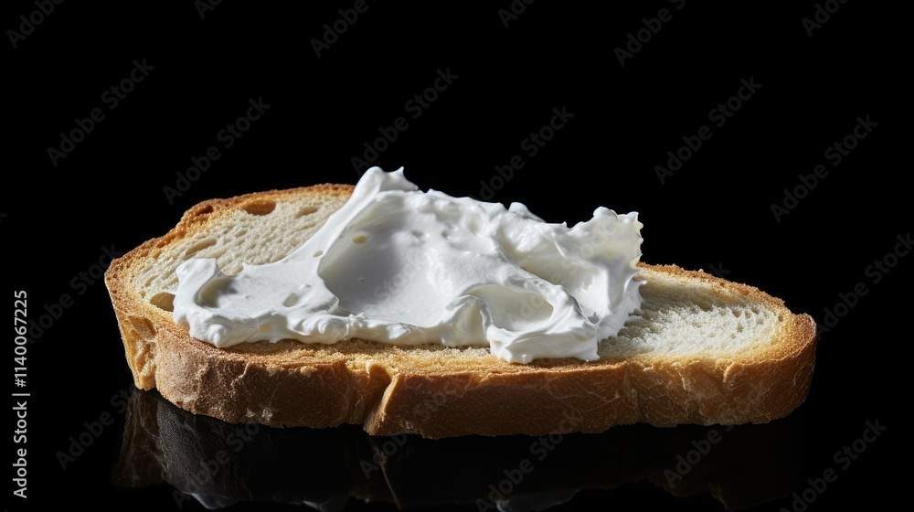 Poster slice of bread with creamy quark spread isolated on black background for culinary and food photograp