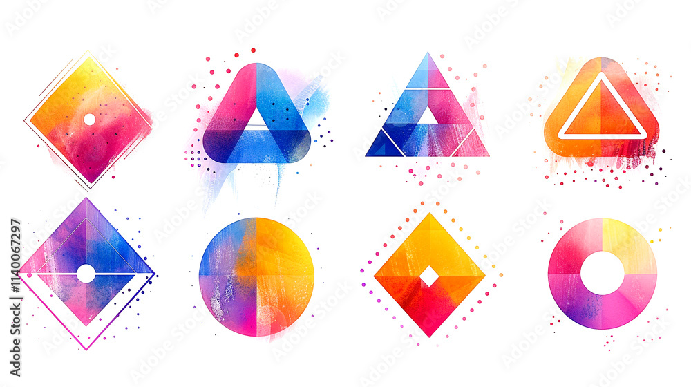 Poster vibrant geometric shapes created with dynamic watercolor patterns