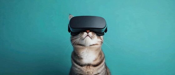 Curious Cat Wearing VR Headset, Exploring Virtual Reality Worlds