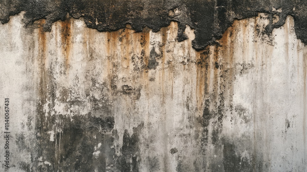 Poster weathered white concrete wall texture with peeling paint and stains for background or architectural 