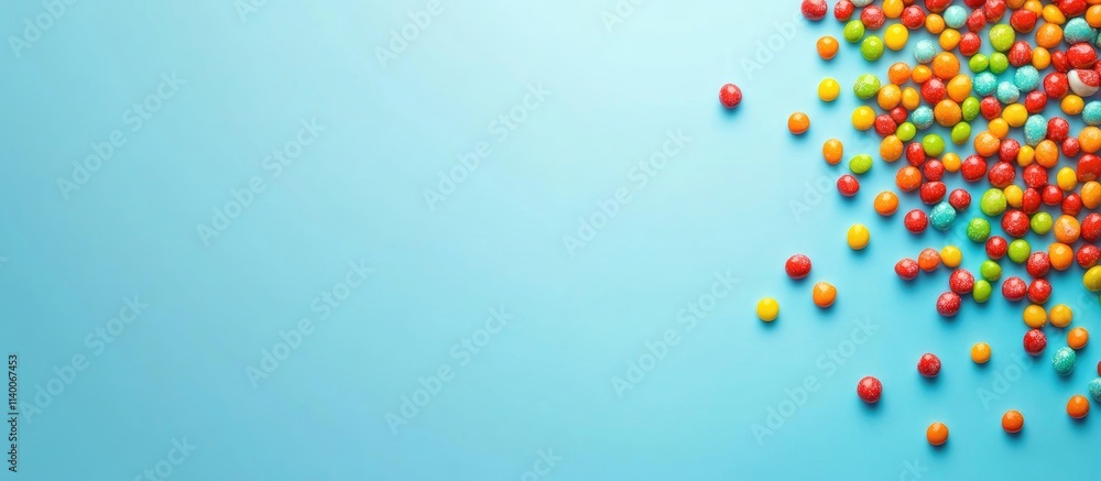 Poster colorful candies scattered on a blue backdrop creating a vibrant design with ample copy space for cr