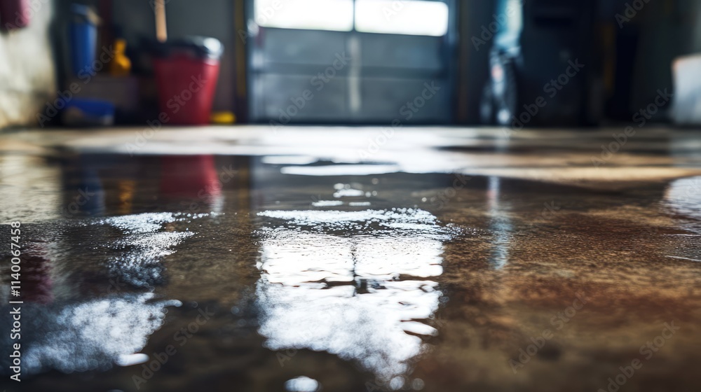 Aufkleber Wet and stained concrete garage floor reflecting light creating a moody atmosphere in a residential setting