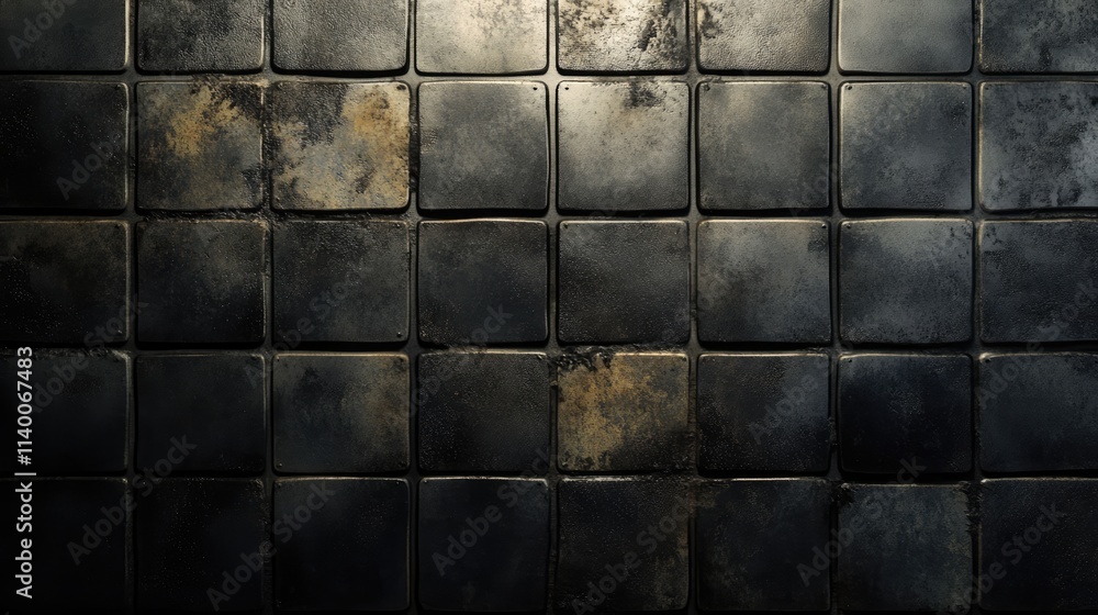 Poster grunge textured tin wall background with weathered tiles in various shades of gray and brown for ind