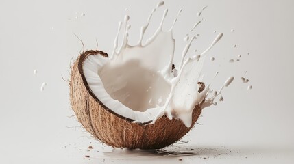 Cracked coconut with milk splashes on a white background showcasing freshness and tropical elements for culinary or beverage concepts