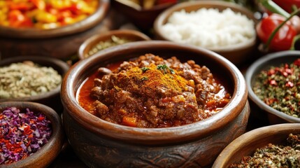Colorful spread of aromatic spices and hearty meat dish served in traditional pottery bowls, perfect for food promotion and culinary experiences.