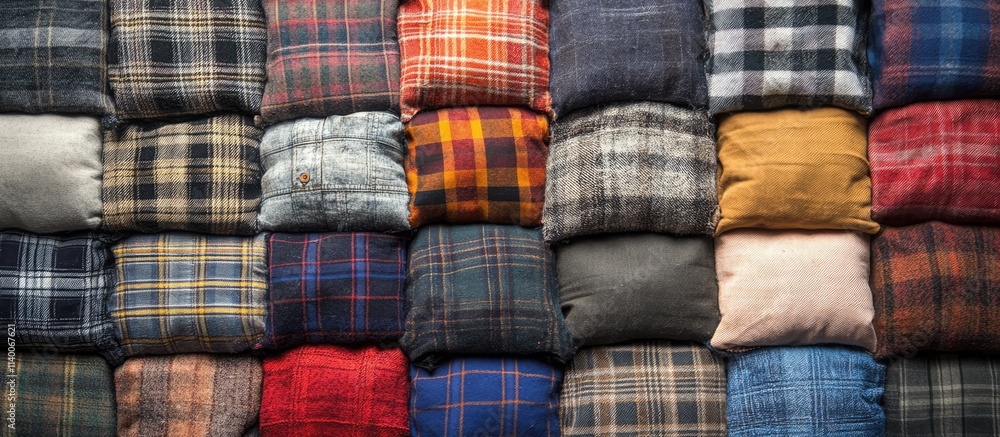 Aufkleber textures of colorful flannel fabrics arranged in a charming patchwork display for textile and fashio