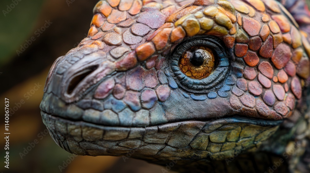 Canvas Prints Colorful close-up of a dinosaur-inspired sculpture showcasing intricate scales and vibrant textures. Ideal for art and design themes.