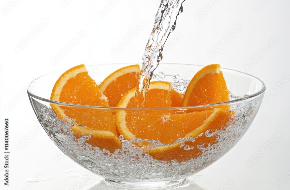 Poster fresh orange slices in a bowl with water splashing for a refreshing look.